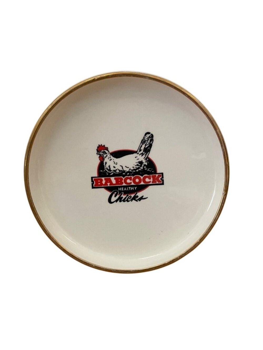 Vtg Babcock Healthy Chicks Advertising Trinket Dish Plate Ceramic Gold Rim 6.5"